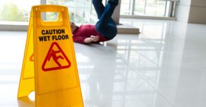 Caution wet floor sign with person fallen in background representing Moses Lake slip and fall accident case